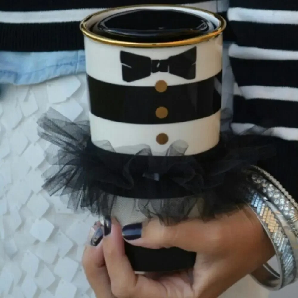 🆕 NEW Alice + Olivia x Starbucks Black White Stripe Ceramic Tumbler Teddy Bear